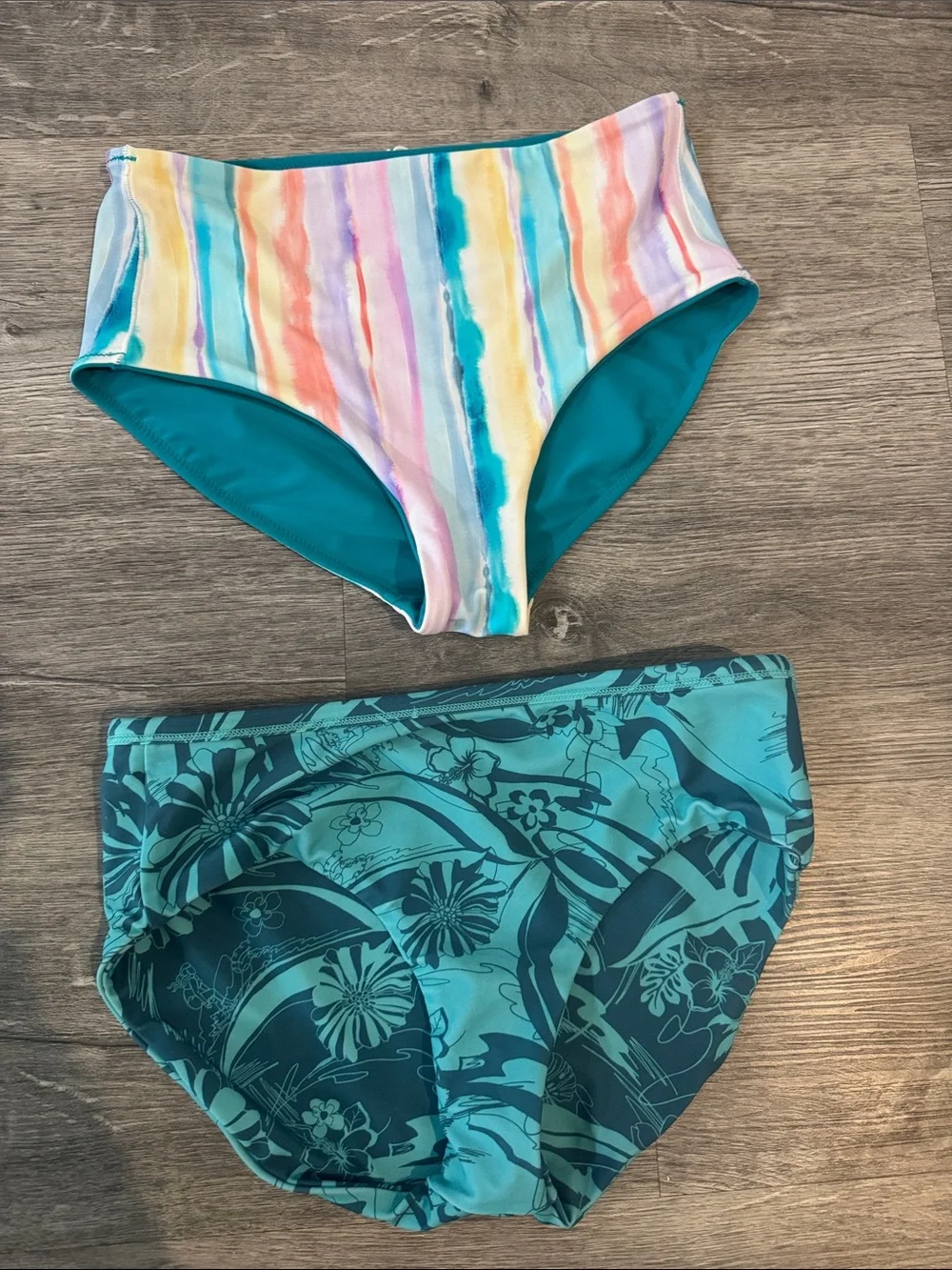 Athleta Girl Floral & Stripe Teal Reversible Swim Bottoms Set of 2 Size XL / 14